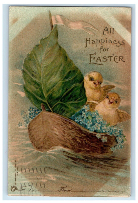 1906 Easter Greetings Rowboat Chicks Giant Leaf Flowers Embossed Postcard