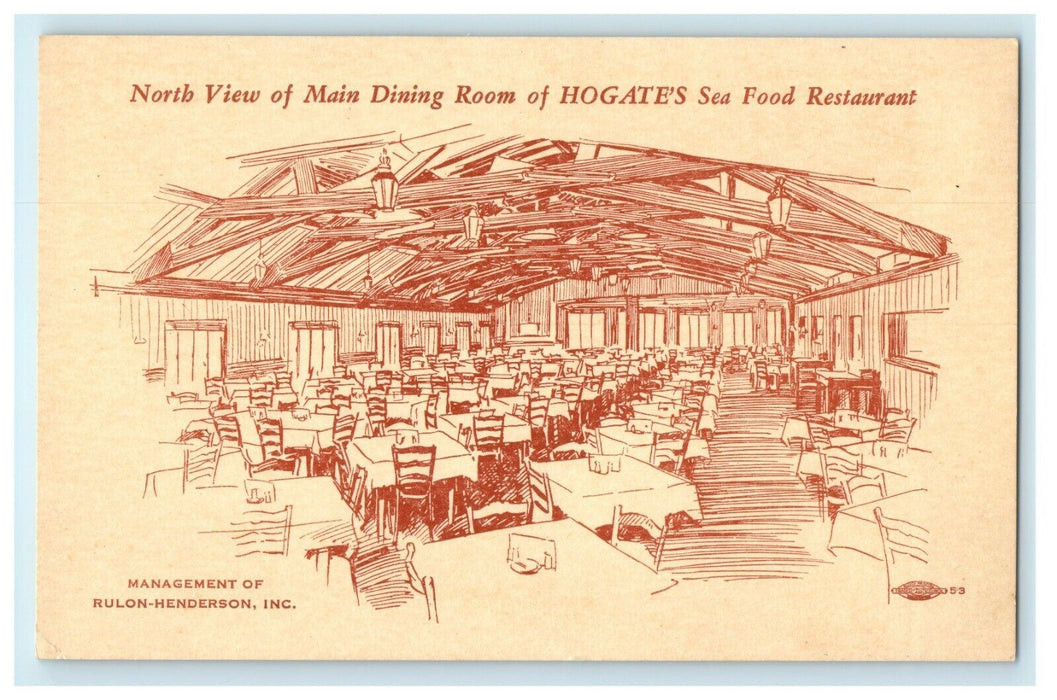 1953 North View of Main Dining Room of Hogate's Seafood Restaurant Postcard