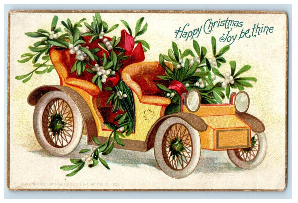 1908 Christmas Greetings Clapsaddle (?) Car Decorated Holly Berries Postcard