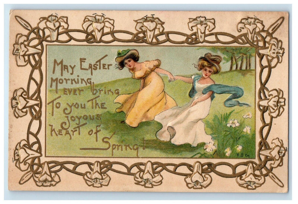 1909 Easter Two Girls Running In Field Lily Flowers Sylvan Beach NY Postcard