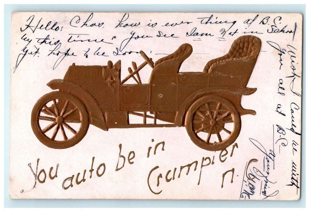 You Auto Be In Crumpler North Carolina Greetings Antique Car Embossed Postcard