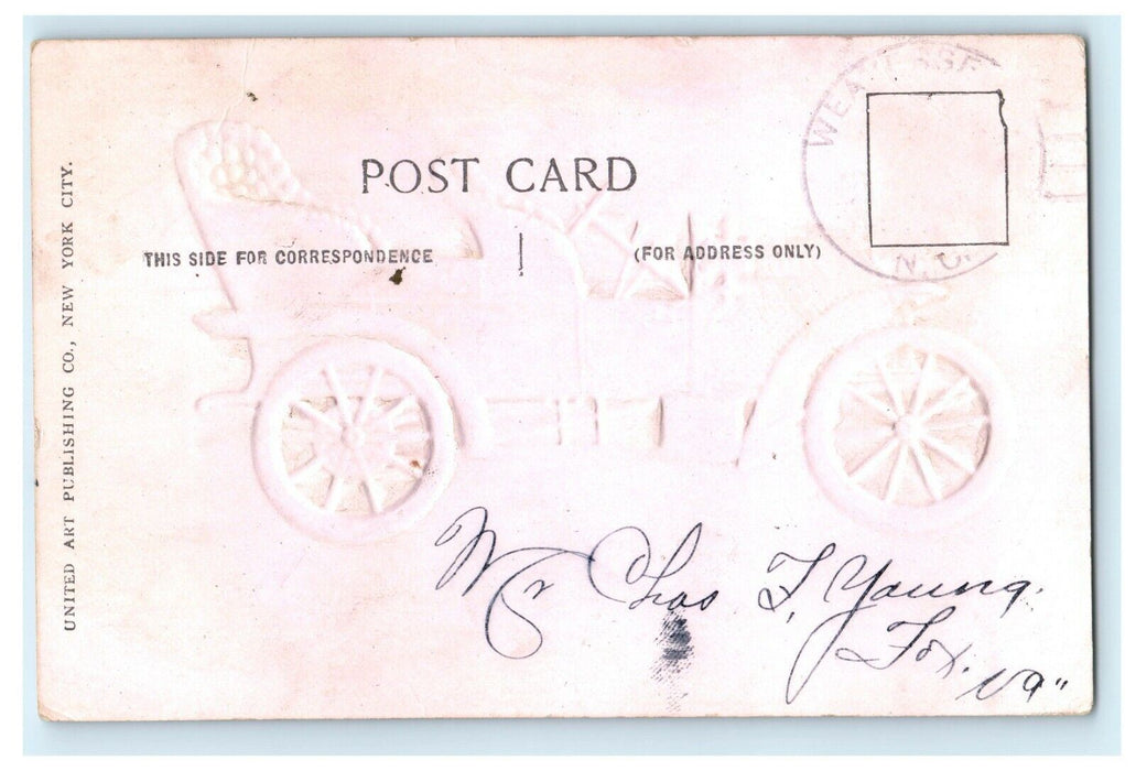 You Auto Be In Crumpler North Carolina Greetings Antique Car Embossed Postcard