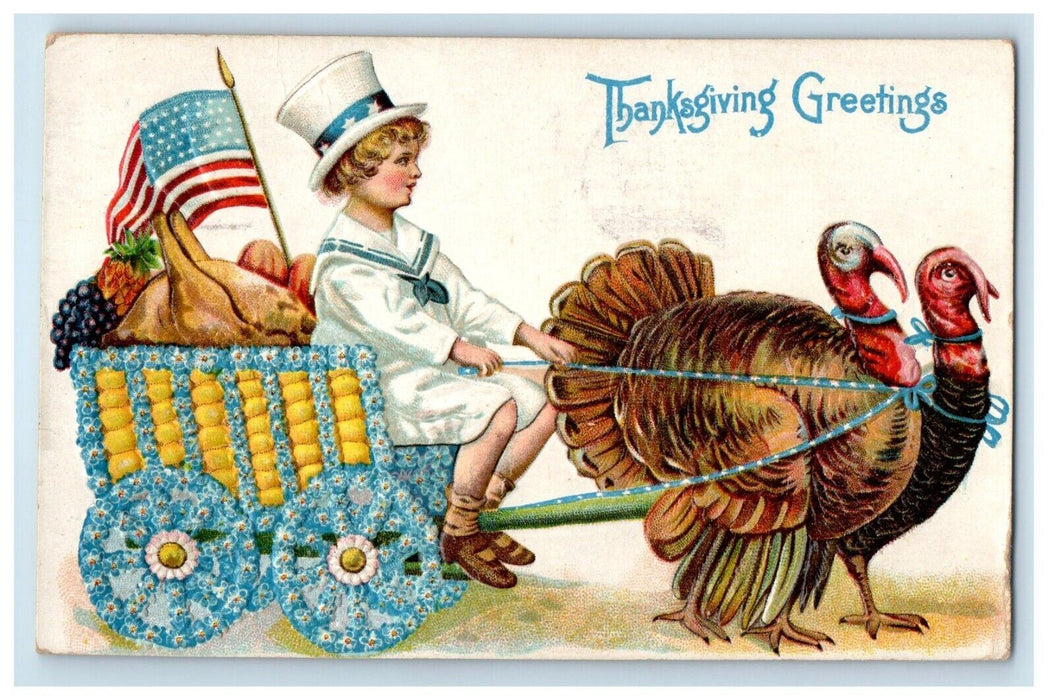 1910 Thanksgiving Greetings Turkeys Pulling Cart Boy Patriotic Flag Postcard