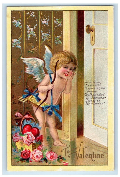 c1910's Valentine Cupid Cherub Listening Basket of Flowers Winsch Back Postcard