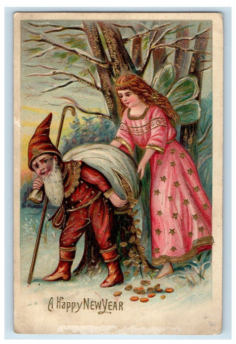 1906 New Year Greetings Fairy Elves Carrying Gold Coins Embossed Postcard