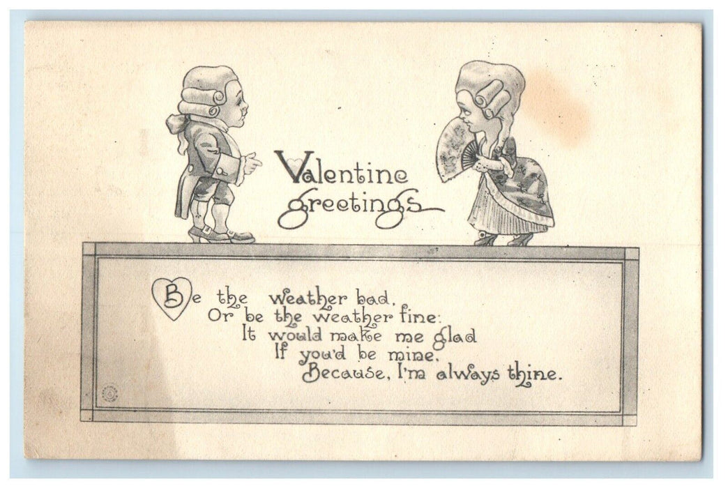 c1910's Valentine Greetings Colonial Girls Curly Hair Fan Antique Postcard