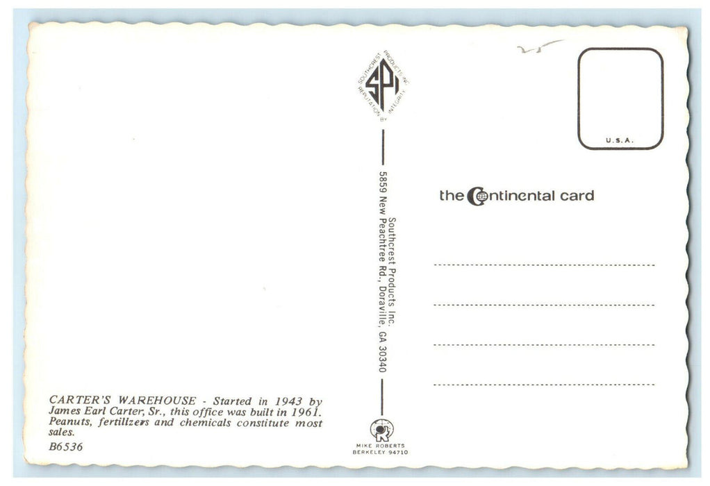 Started in 1943 Carter's Warehouse Plains Georgia GA Unposted Postcard