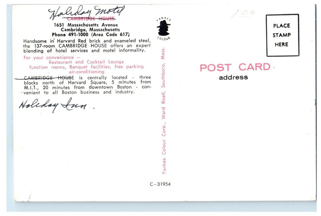 Cambridge House Motor Hotel Building Cars Cambridge Massachusetts MA Postcard