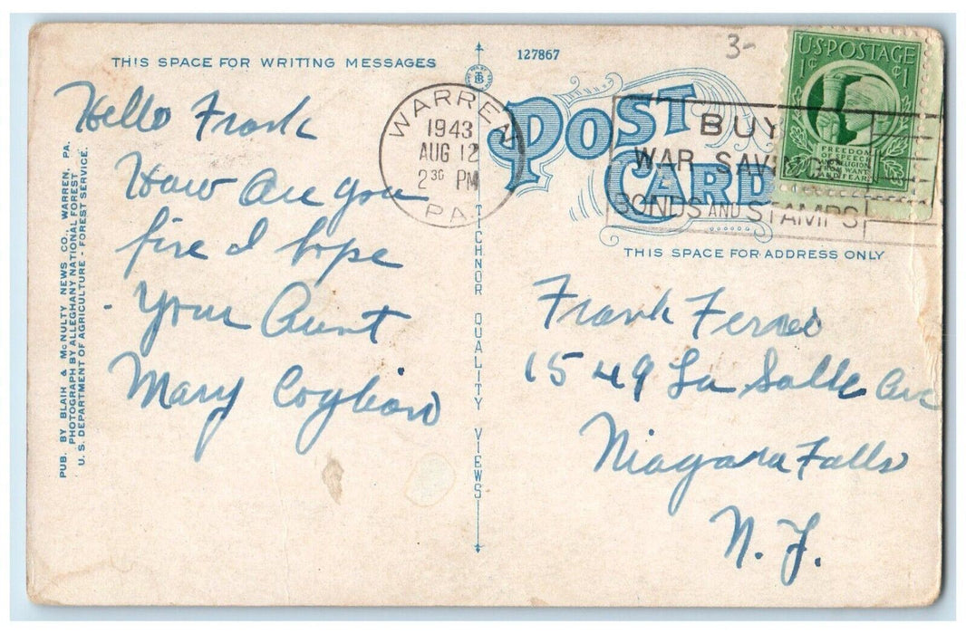 1943 On The Buffalo Pittsburgh Trail, Allegheny National Fresh of PA Postcard