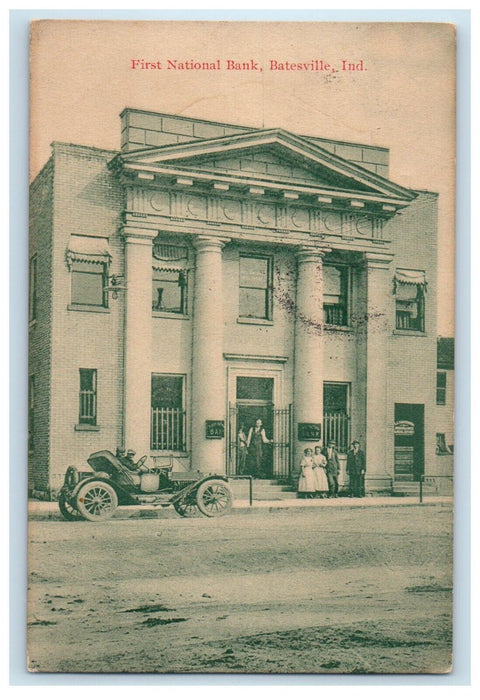 1914 First National Bank Building Car Batesville Indiana IN Antique Postcard