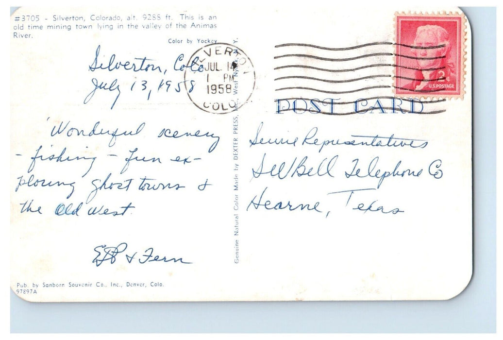 1958 Silverton Colorado CO, Old Mining Town In The Valley Animas River Postcard