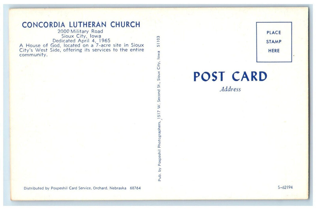 c1950's Concordia Lutheran Church House of God, Sioux City Iowa IA Postcard