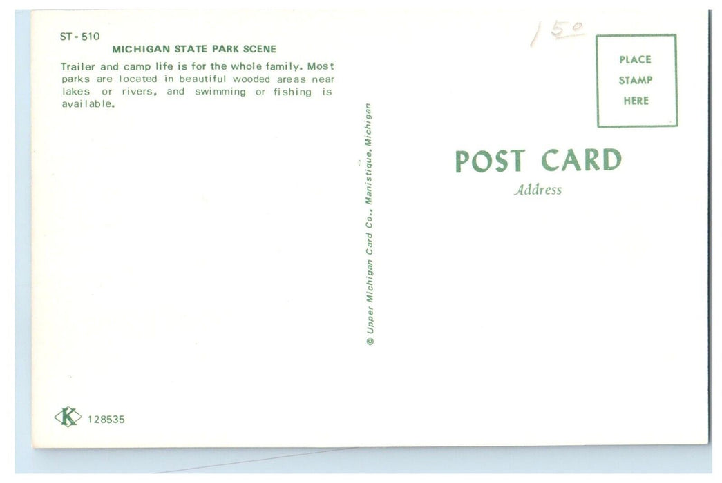 c1950's Michigan Street Park Scene Trailer And Camp Cars Munising MI Postcard