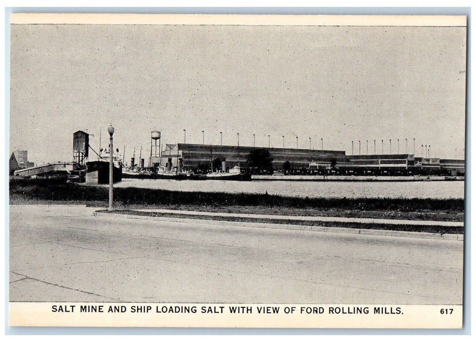 c1940's Salt Mine and Ship Loading Salt With View of Ford Rolling Mills Postcard