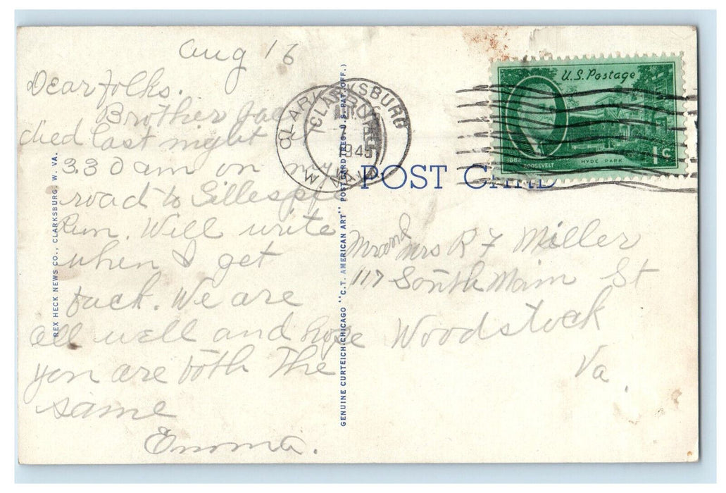 1945 US Post Office Clarksburg West Virginia WV Posted Vintage Postcard