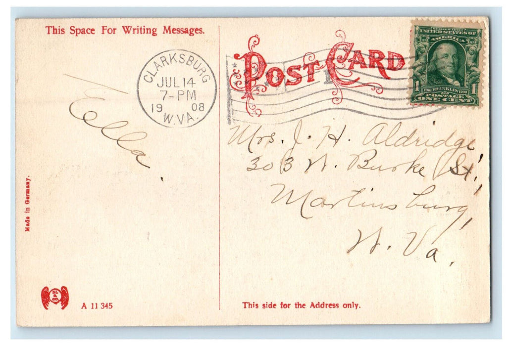 1908 Merchants National Bank Clarksburg West Virginia WV Posted Antique Postcard