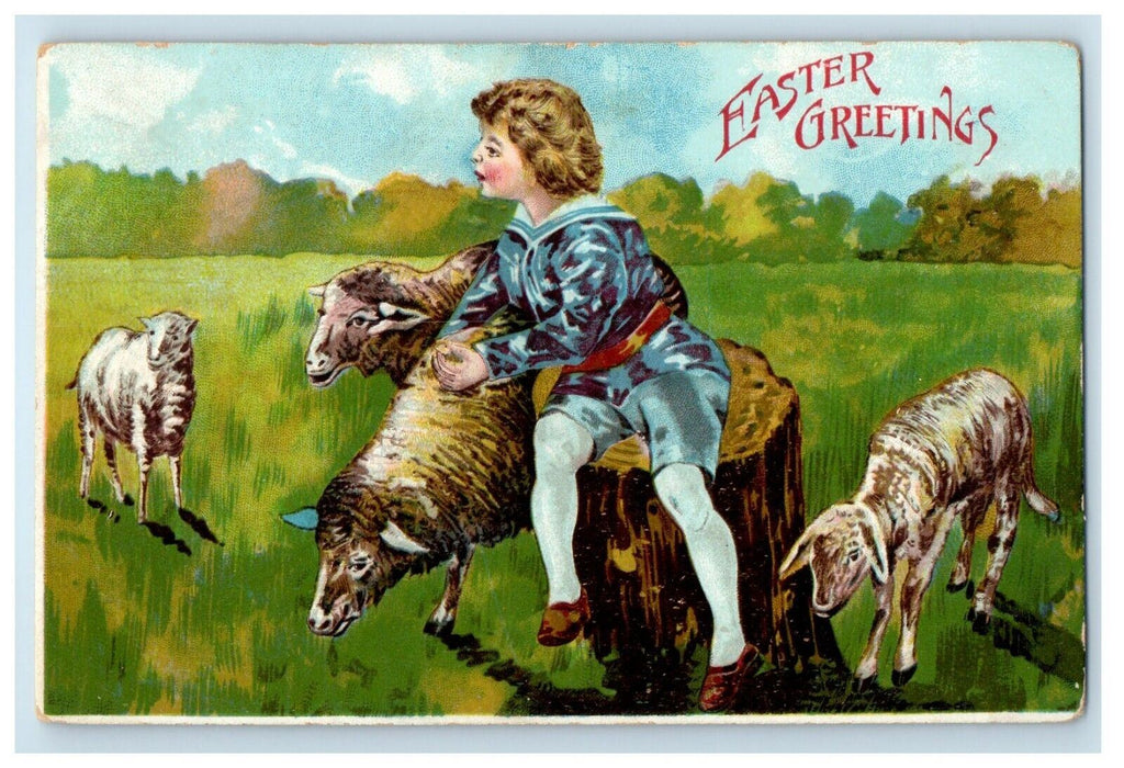 1907 Easter Greetings Boy In Farm Lamb West Stafford Connecticut CT Postcard