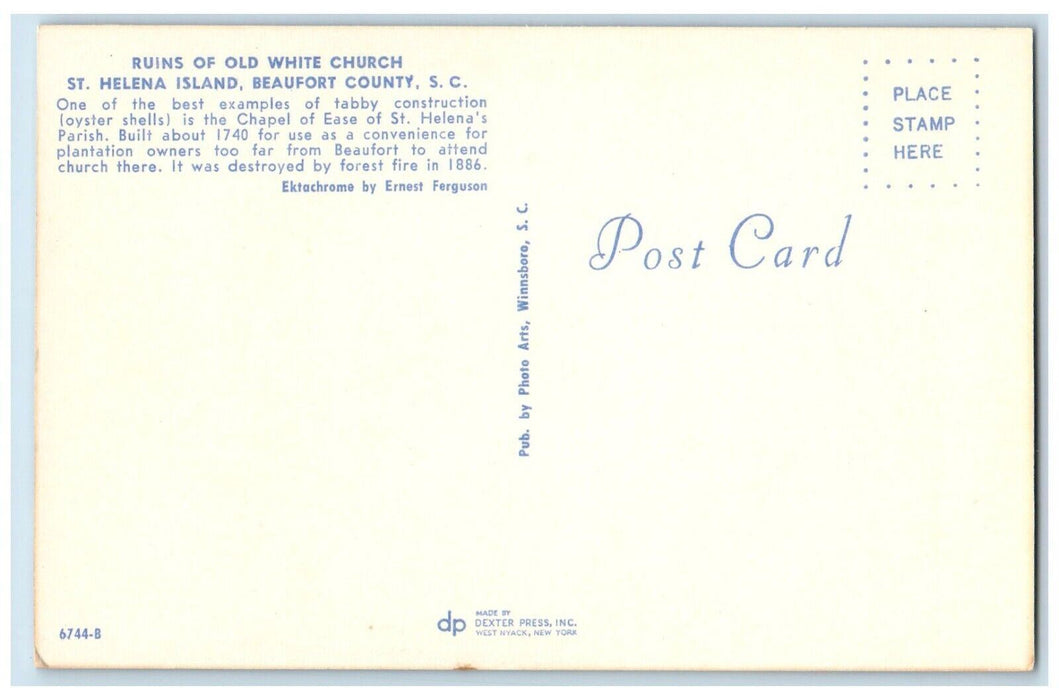 c1960's Ruins of Old White Church St. Helena Island Beaufort County SC Postcard