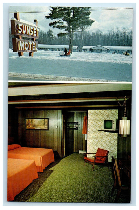 c1960s Summer and Winter Fun in Adirondack Sunset Motel, Old Forge NY Postcard