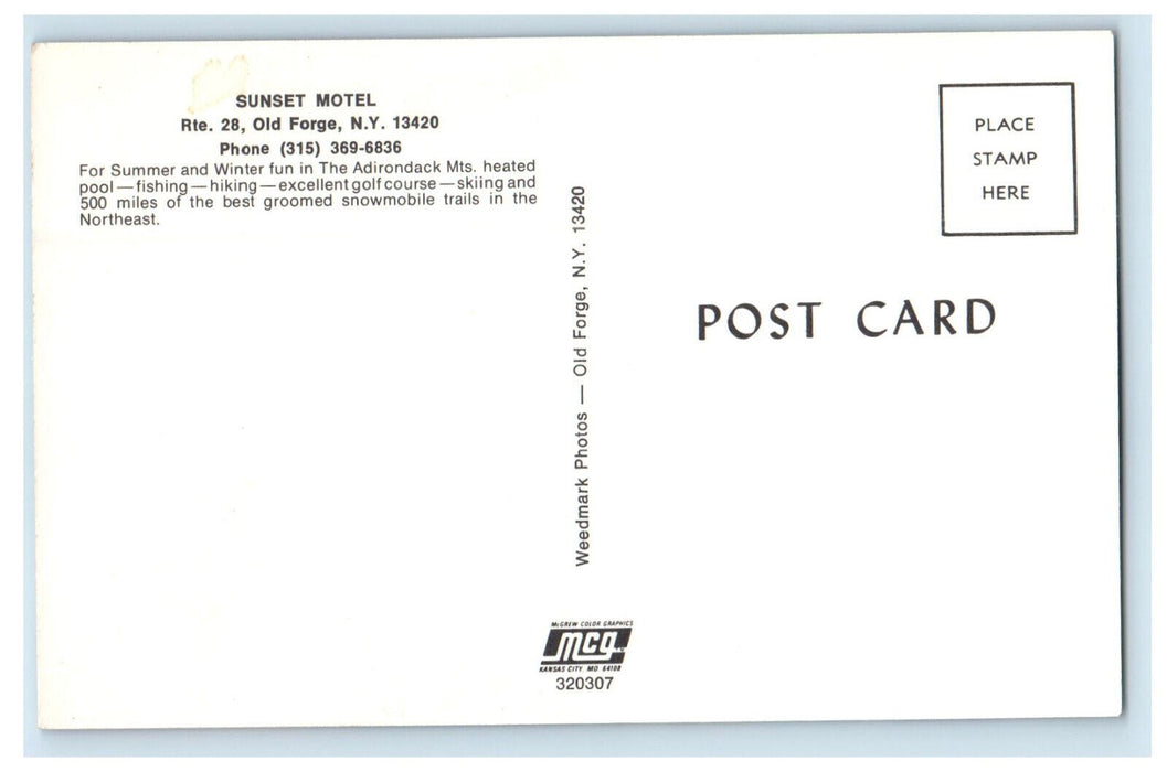 c1960s Summer and Winter Fun in Adirondack Sunset Motel, Old Forge NY Postcard