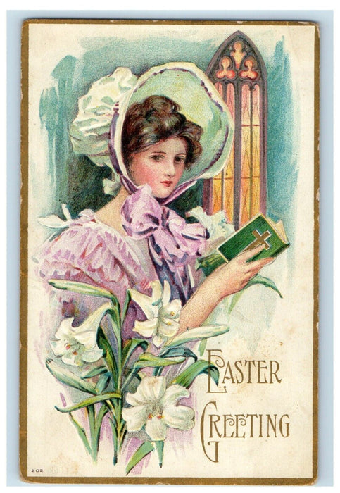 c1910's Easter Greetings Pretty Girl Bible Lily Flowers Embossed Postcard