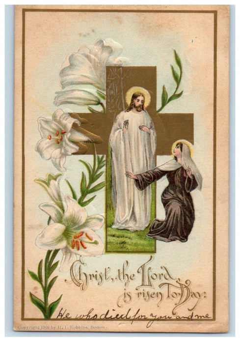 1908 Easter Cross Jesus Christ White Lily Flowers Religious Embossed Postcard