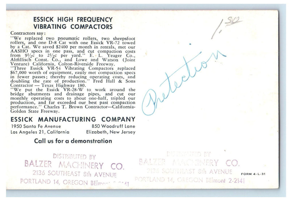 c1950s Essick Vibrating Compactors Essick Manufacturing Co Elizabeth NJ Postcard