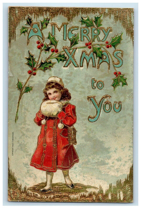 c1910's Christmas Greetings Little Girl Winter Warmer Gel Gold Gilt Postcard