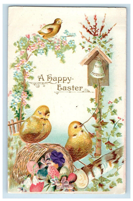 1908 Easter Greetings Chicks Ring Bell Egg And Flowers Basket MA Postcard