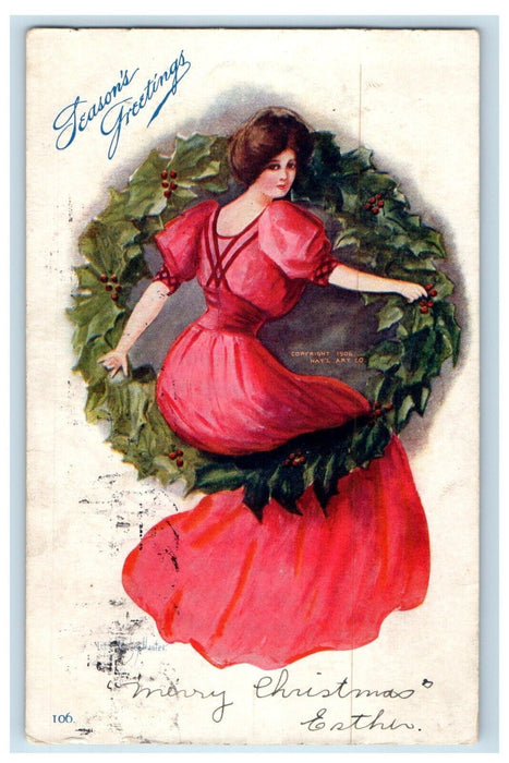 c1905 Christmas Greetings Victorian Girl Dress Red Set In Wreath Postcard