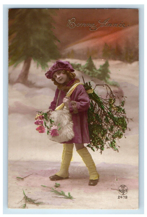 c1910's New Year French Girl In Winter Snow With Flowers RPPC Photo Postcard