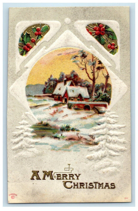 c1910's Christmas Greetings White Pine Tree Winter Snow House P. Sander Postcard