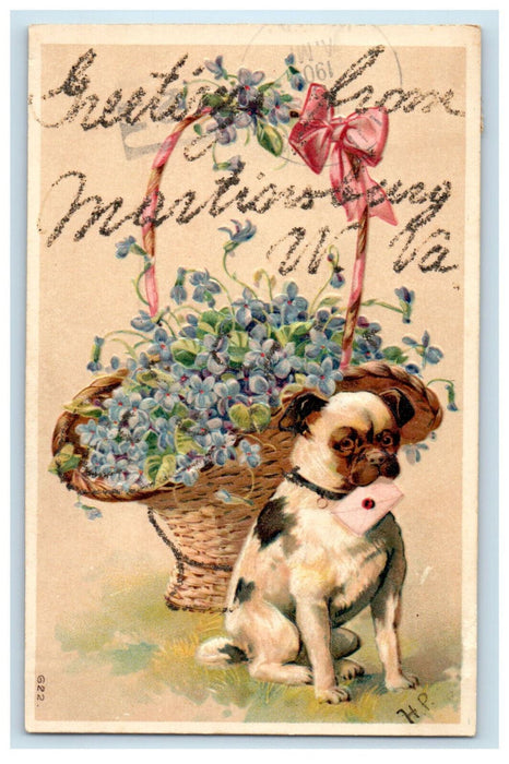 1907 Dog, Flower Basket Greetings from Martinsburg WV Embossed Postcard