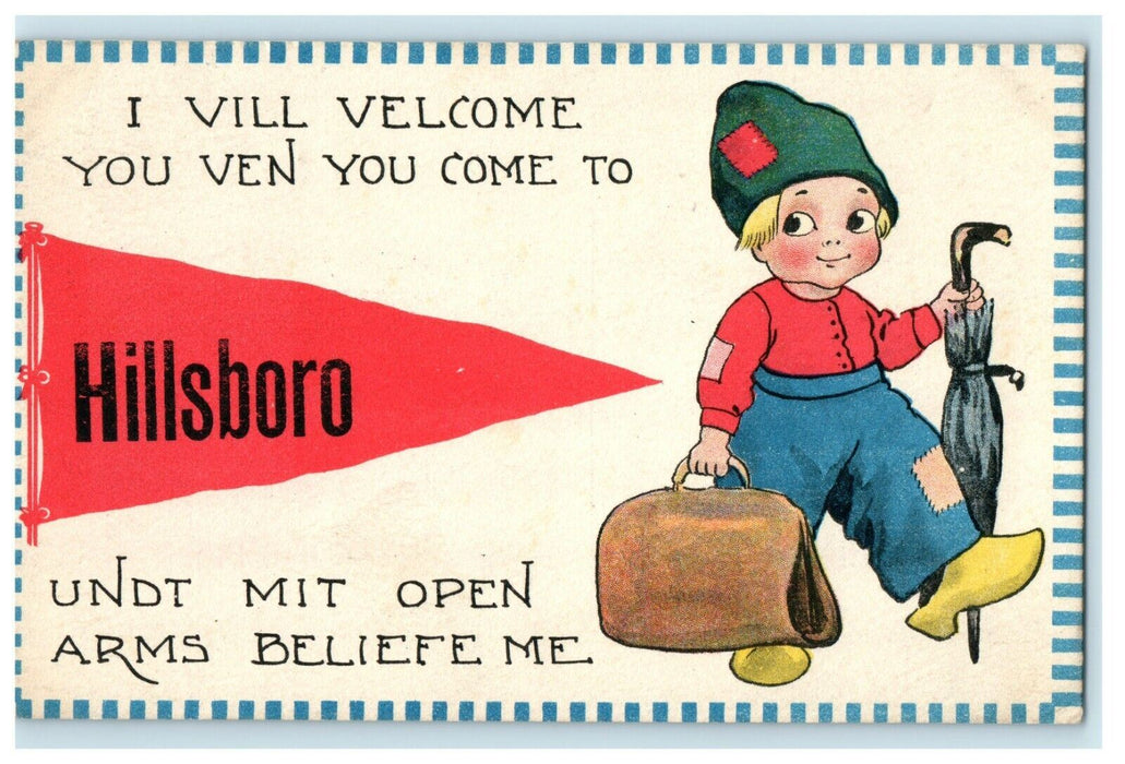 1913 Hillsboro Red Pennant, Dutch Kid, Hillsboro Illinois IL Postcard