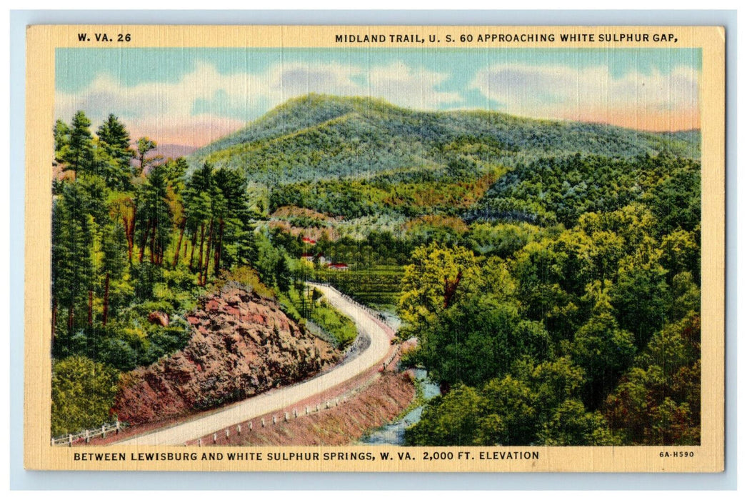 c1940s Midland Trail US 60 Approaching White Sulphur Gap WV Postcard