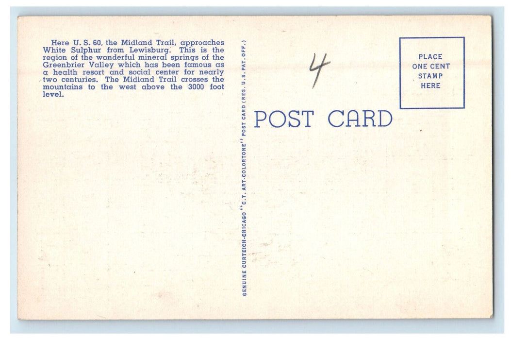 c1940s Midland Trail US 60 Approaching White Sulphur Gap WV Postcard