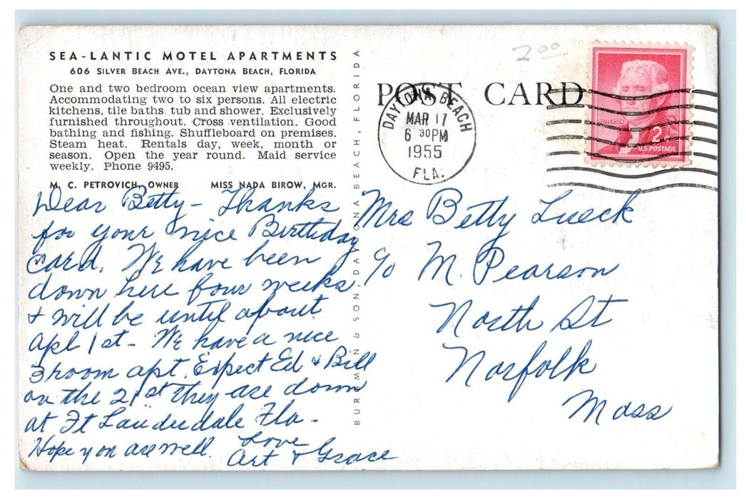 1955 Sea Lantic Motel Apartments Street View Dayton Beach Florida FL Postcard