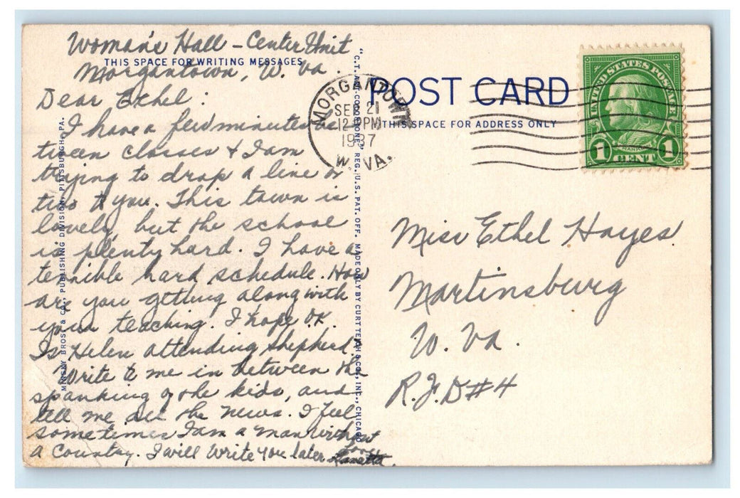 1937 Women's Hall, University of West Virginia Morgantown WV Posted Postcard