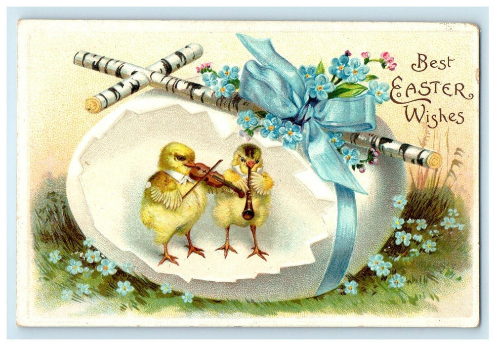 c1910's Greeting Easter Anthropomorphic Chicks Violin Instrument Cross Postcard