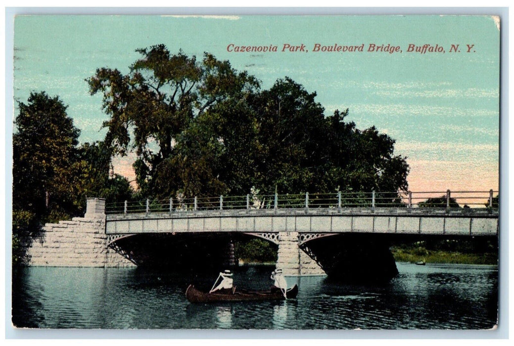 1913 Boat Scene, Cazenovia Park, Boulevard Bridge, Buffalo New York NY Postcard
