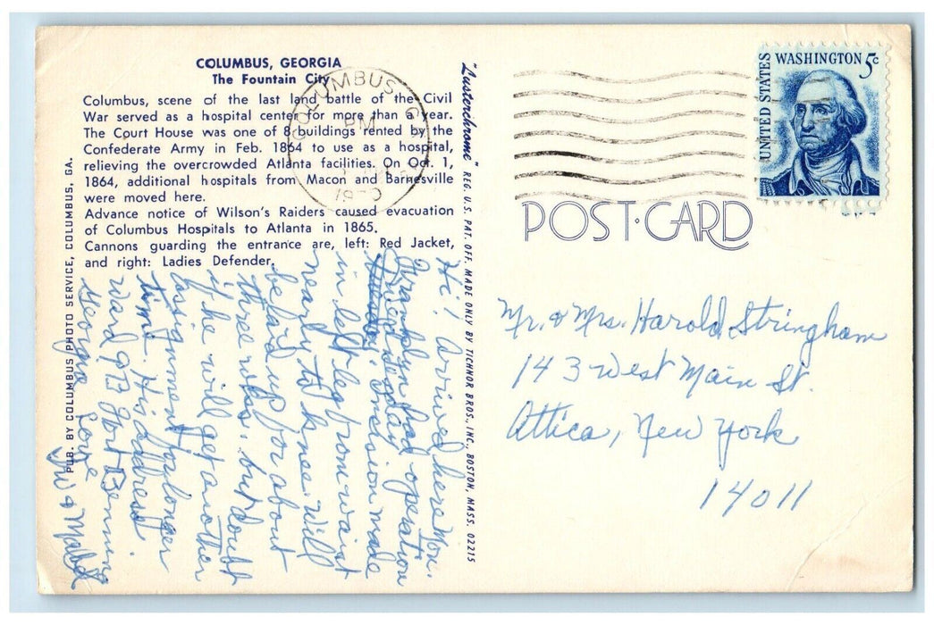 1970 Fountain at Center, Lamp Posts, The Fountain City, Columbus GA Postcard