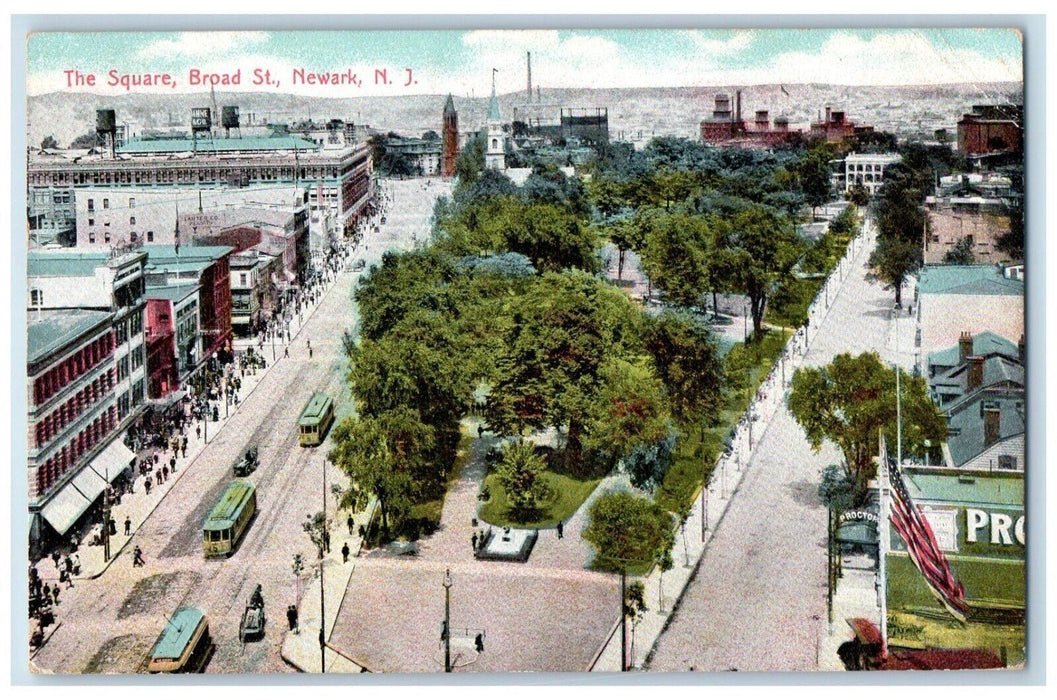 1909 Trolley car, Two Roads, The Square Broad St. Newark New Jersey NJ Postcard