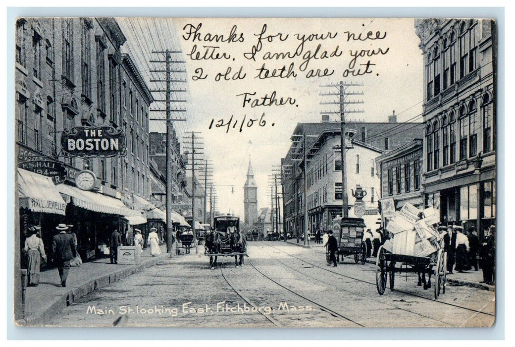 Main St. Looking East The Boston Horse Carriage Fitchburg MA Rotograph Postcard