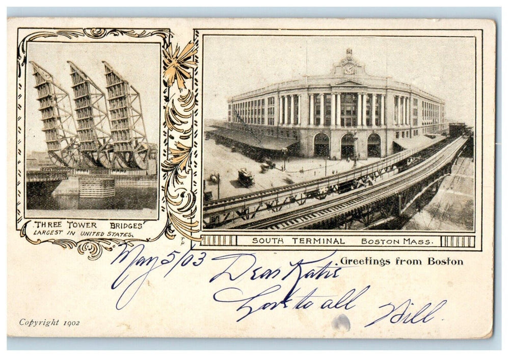 1903 Greetings From Boston Massachusetts MA, Multiview Antique Postcard