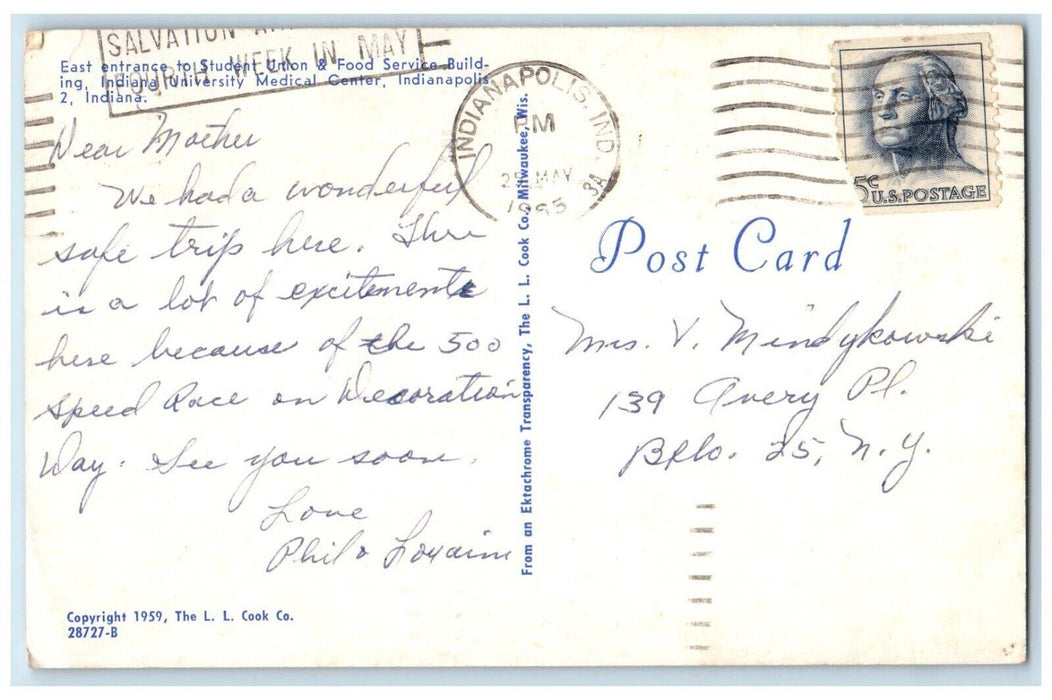 1965 Student Union & Food Service Indiana University Medical Center IN Postcard