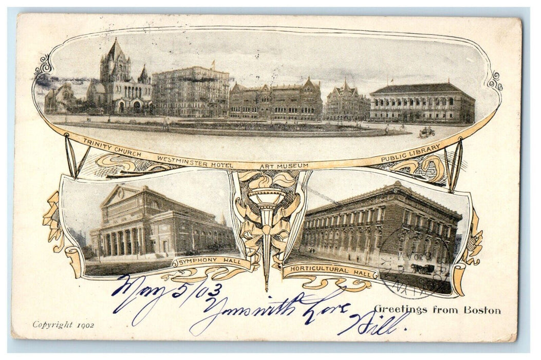 1903 Greetings From Boston Massachusetts MA, Multiview Posted Antique Postcard