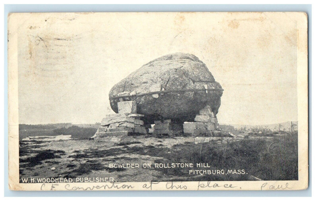 1907 Bowlder On Rollstone Hill Fitchburg Massachusetts MA Antique Postcard