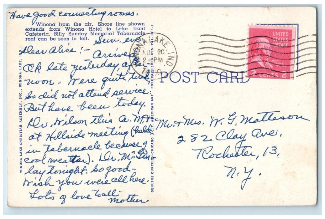 1956 Winona From The Air, Hotel, Cafeteria, Winona Lake Indiana IN Postcard