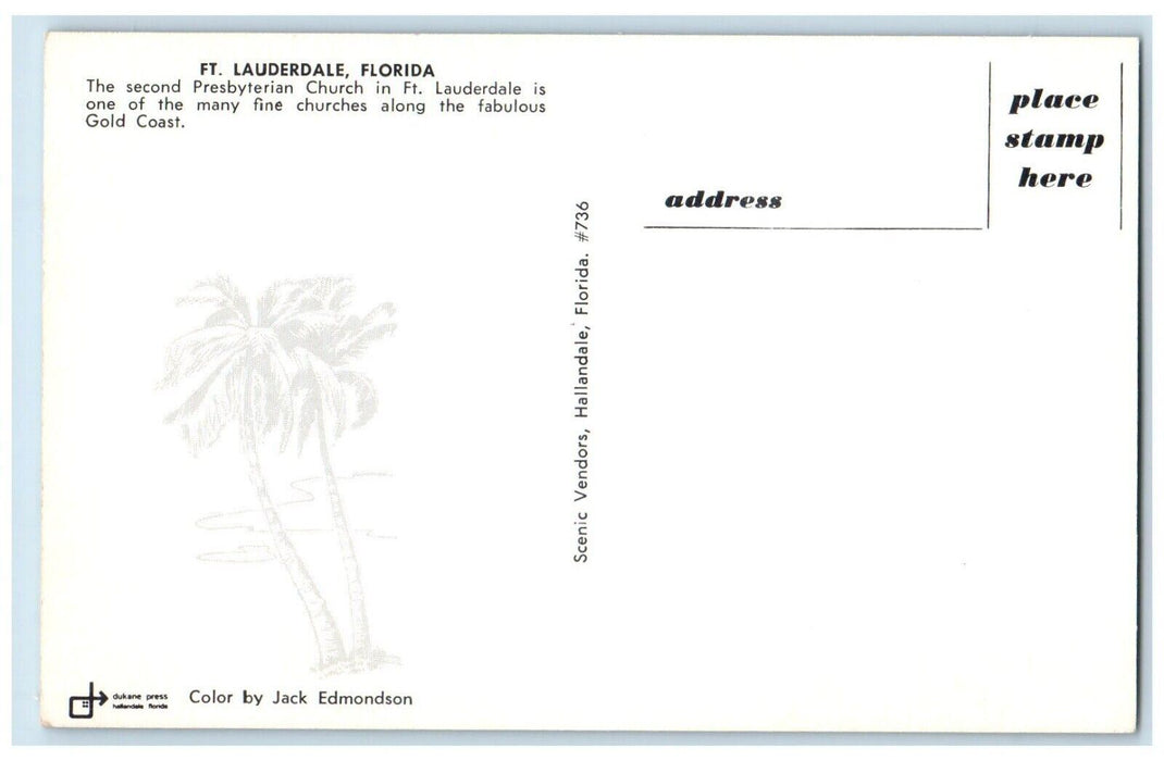 c1950's Second Presbyterian Church in Fort Lauderdale Florida FL Postcard