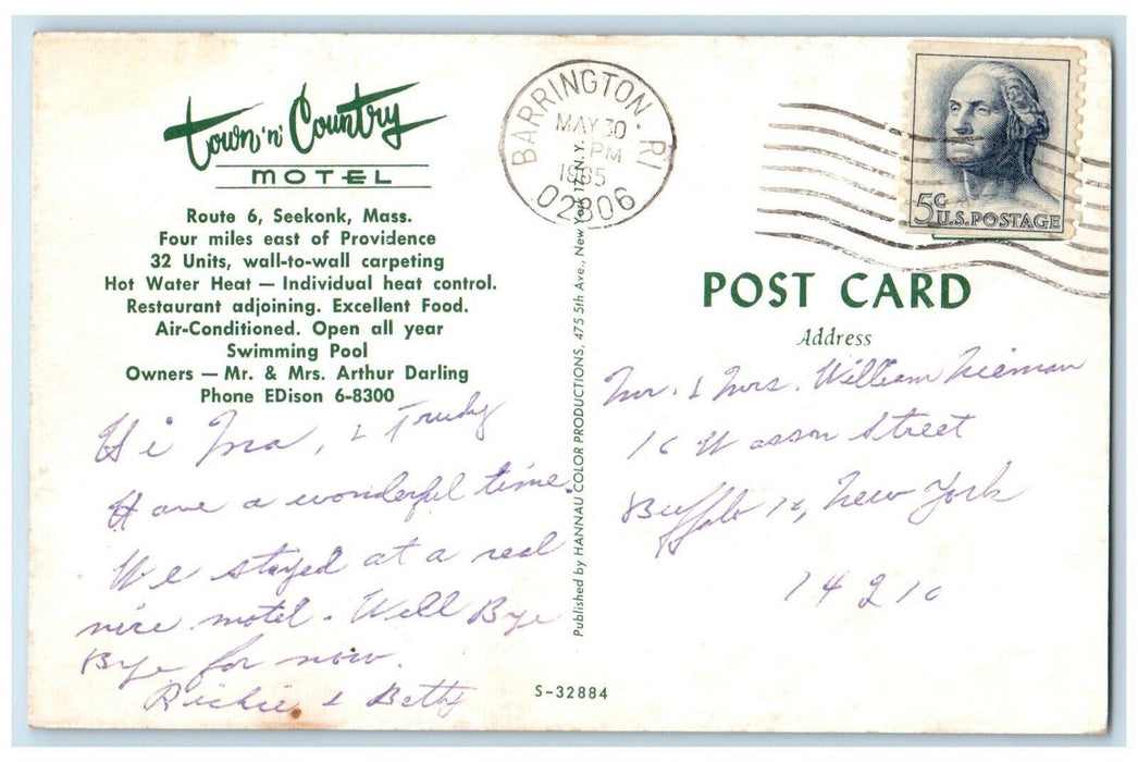 1965 View of Parking and Rooms, Town N Country Seekonk Massachusetts MA Postcard